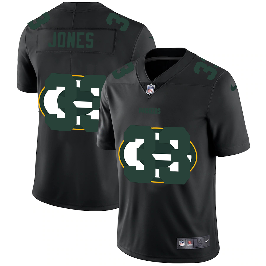 Green Bay Packers #33 Aaron Jones Men's Team Logo Dual Overlap Limited Jersey Black