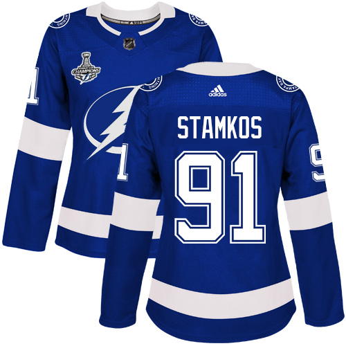 Adidas Tampa Bay Lightning #91 Steven Stamkos Blue Home Authentic Women's 2020 Stanley Cup Champions Stitched Jersey Womens