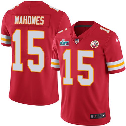 Chiefs #15 Patrick Mahomes Red Team Color Super Bowl LVII Patch Men's Stitched Vapor Untouchable Limited Jersey