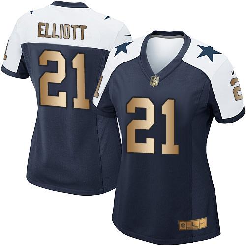 Cowboys #21 Ezekiel Elliott Navy Blue Thanksgiving Throwback Women's Stitched Elite Gold Jersey