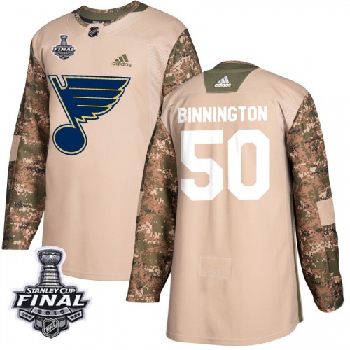 Adidas St. Louis Blues #50 Jordan Binnington Camo Authentic 2017 Veterans Day 2019 Stanley Cup Final Stitched Jersey Men's