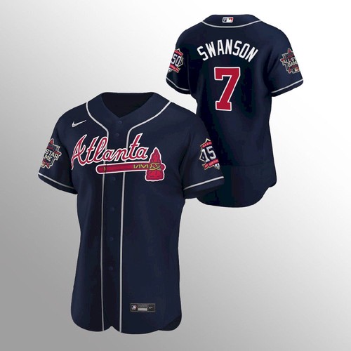 Atlanta Atlanta Braves #7 Dansby Swanson Men's 150th Anniversary 2021 World Series Authentic Jersey - Navy Men's
