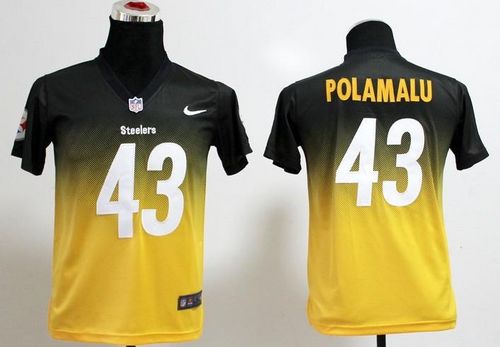 Steelers #43 Troy Polamalu Black/Gold Youth Stitched Elite Fadeaway Fashion Jersey