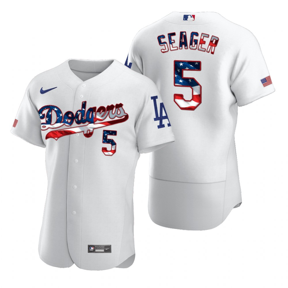 Los Angeles Dodgers #5 Corey Seager Men's White Fluttering USA Flag Limited Edition Authentic Jersey
