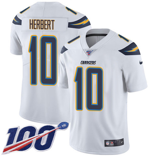 Chargers #10 Justin Herbert White Youth Stitched 100th Season Vapor Untouchable Limited Jersey