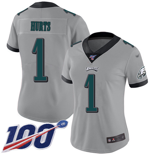 Eagles #1 Jalen Hurts Silver Women's Stitched Limited Inverted Legend 100th Season Jersey