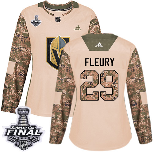 Adidas Golden Vegas Golden Knights #29 Marc-Andre Fleury Camo Authentic 2017 Veterans Day 2018 Stanley Cup Final Women's Stitched Jersey Womens