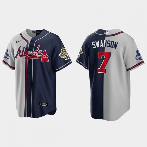 Atlanta Atlanta Braves #7 Dansby Swanson Men's 2021 World Series Champions 1995 Throwback Split Gray Navy Stitched Jersey Men's