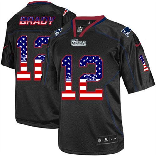 Patriots #12 Tom Brady Black Men's Stitched Elite USA Flag Fashion Jersey