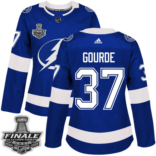 Adidas Tampa Bay Lightning #37 Yanni Gourde Blue Home Authentic Women's 2021 Stanley Cup Final Patch Jersey Womens