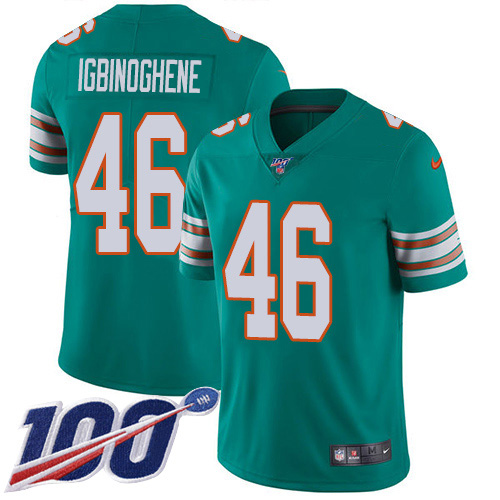 Miami Dolphins #46 Noah Igbinoghene Aqua Green Alternate Youth Stitched 100th Season Vapor Untouchable Limited Jersey Youth