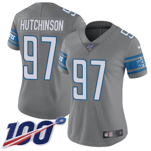 Lions #97 Aidan Hutchinson Gray Women's Stitched Limited Rush 100th Season Jersey