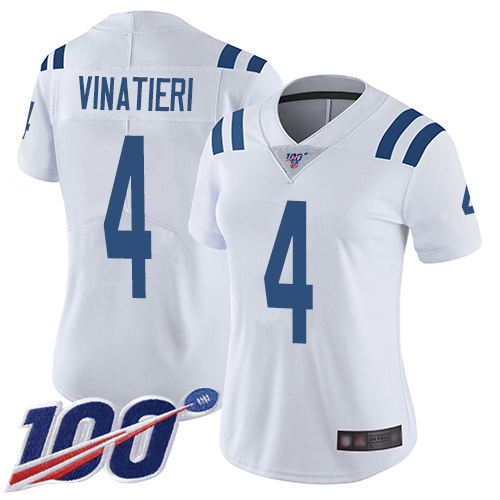 Indianapolis Colts #4 Adam Vinatieri White Women's Stitched 100th Season Vapor Limited Jersey Womens
