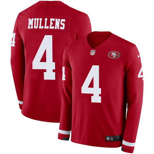 San Francisco 49ers #4 Nick Mullens Red Team Color Youth Stitched Limited Therma Long Sleeve Jersey Youth