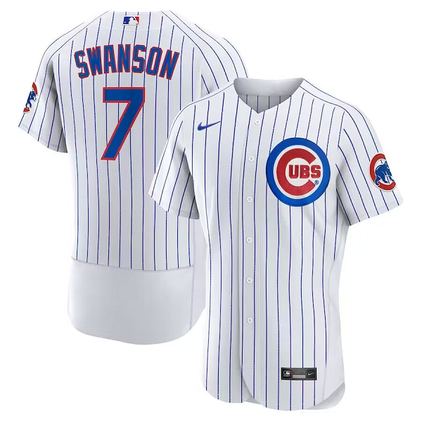 Men's Chicago Cubs #7 Dansby Swanson White Royal Home Flex Base Jersey