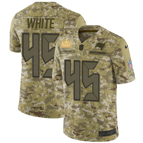 Buccaneers #45 Devin White Camo Youth Super Bowl LV Champions Patch Stitched Limited 2018 Salute To Service Jersey