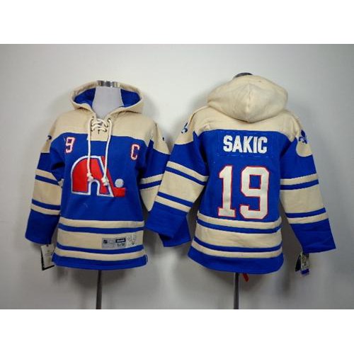 Quebec Nordiques #19 Joe Sakic Blue Sawyer Hooded Sweatshirt Stitched Youth Jersey Youth
