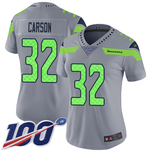Seattle Seahawks #32 Chris Carson Silver Women's Stitched Limited Inverted Legend 100th Season Jersey Womens