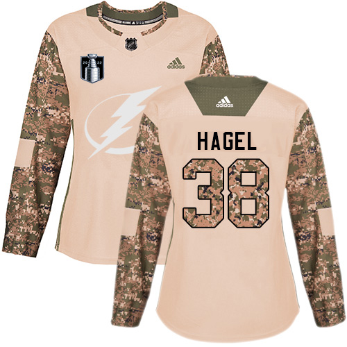 Adidas Tampa Bay Lightning #38 Brandon Hagel Camo Women's Authentic 2022 Stanley Cup Final Patch Veterans Day Stitched Jersey Womens