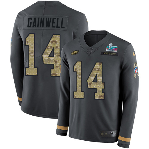 Eagles #14 Kenneth Gainwell Anthracite Salute To Service Super Bowl LVII Patch Men's Stitched Limited Therma Long Sleeve Jersey