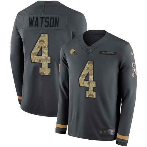 Browns #4 Deshaun Watson Anthracite Salute To Service Youth Stitched Limited Therma Long Sleeve Jersey
