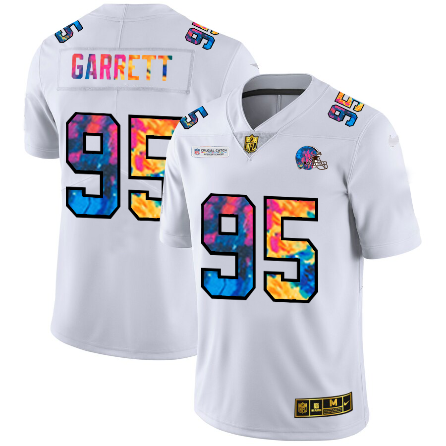 Cleveland Browns #95 Myles Garrett Men's White Multi-Color 2020 Crucial Catch Limited Jersey
