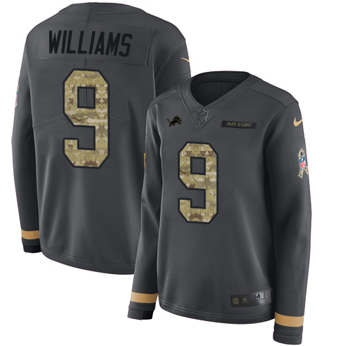 Lions #9 Jameson Williams Anthracite Salute To Service Women's Stitched Limited Therma Long Sleeve Jersey