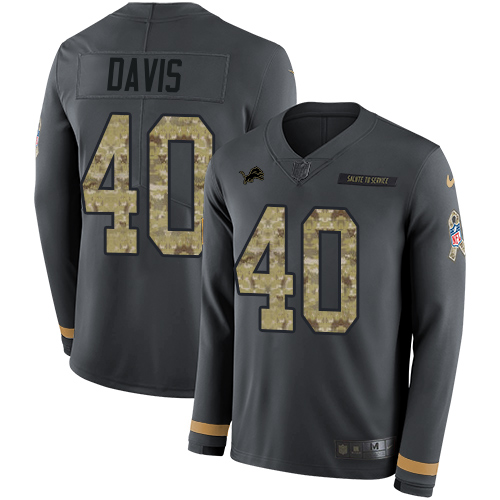 Detroit Lions #40 Jarrad Davis Anthracite Salute to Service Youth Stitched Limited Therma Long Sleeve Jersey Youth