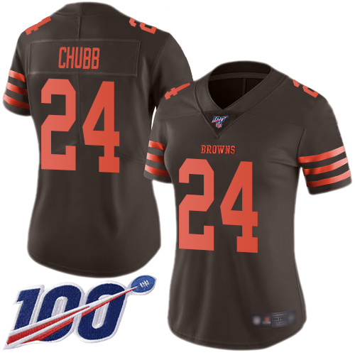 Browns #24 Nick Chubb Brown Women's Stitched Limited Rush 100th Season Jersey