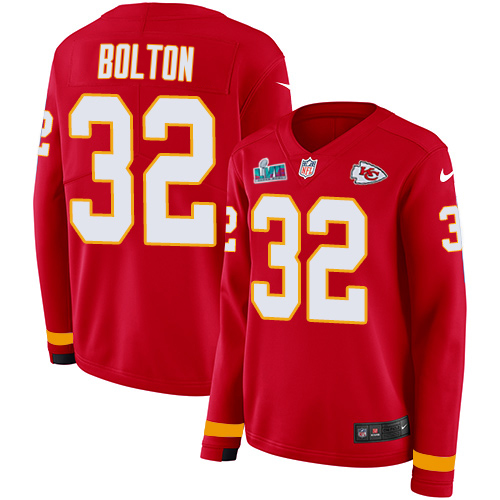 Chiefs #32 Nick Bolton Red Team Color Super Bowl LVII Patch Women's Stitched Limited Therma Long Sleeve Jersey