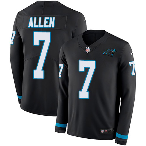 Carolina Panthers #7 Kyle Allen Black Team Color Youth Stitched Limited Therma Long Sleeve Jersey Youth