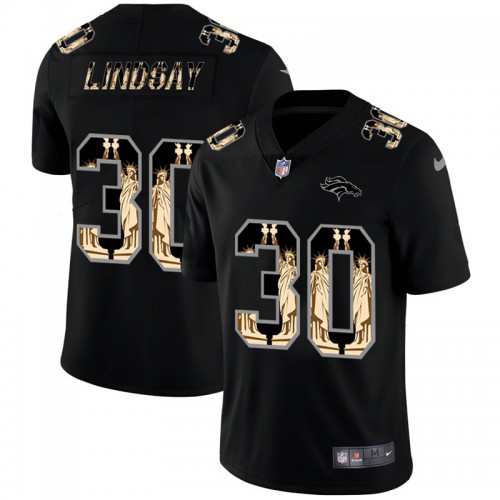Denver Denver Broncos #30 Phillip Lindsay Carbon Black Vapor Statue Of Liberty Limited Jersey Men's