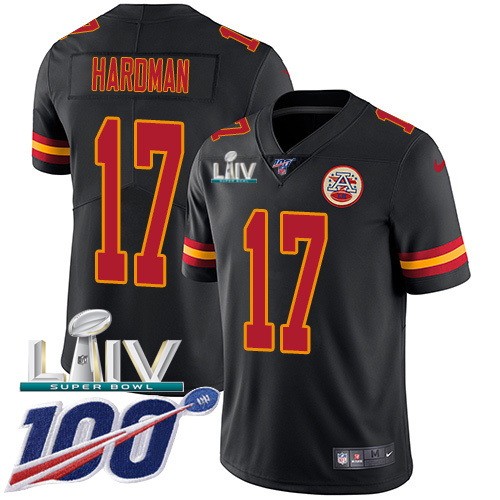Kansas City Chiefs #17 Mecole Hardman Black Super Bowl LIV 2020 Youth Stitched Limited Rush 100th Season Jersey Youth