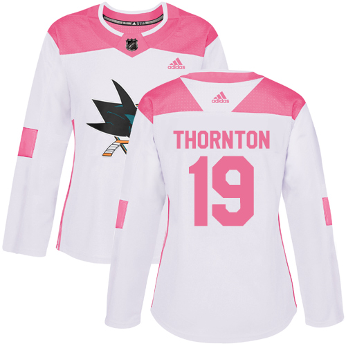 Adidas San Jose Sharks #19 Joe Thornton White/Pink Authentic Fashion Women's Stitched Jersey Womens