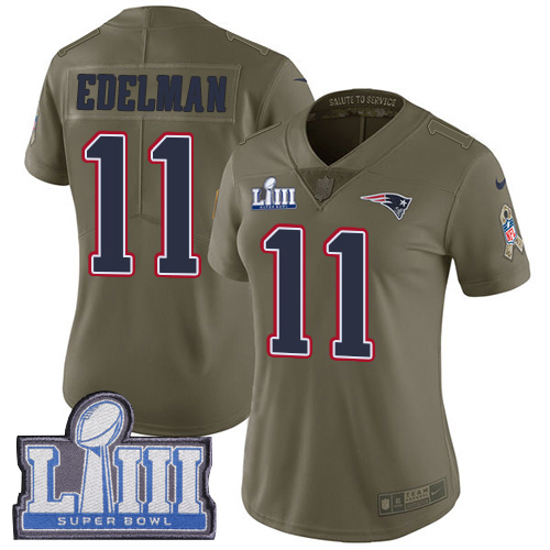 Patriots #11 Julian Edelman Olive Super Bowl LIII Bound Women's Stitched Limited 2017 Salute To Service Jersey