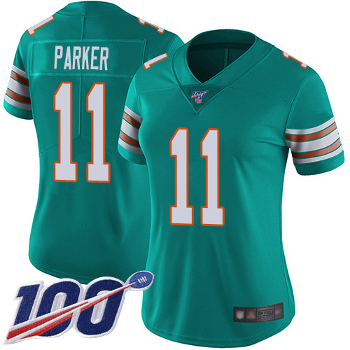 Miami Dolphins #11 DeVante Parker Aqua Green Alternate Women's Stitched 100th Season Vapor Limited Jersey Womens