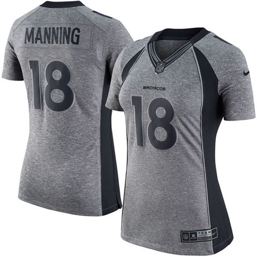 Broncos #18 Peyton Manning Gray Women's Stitched Limited Gridiron Gray Jersey