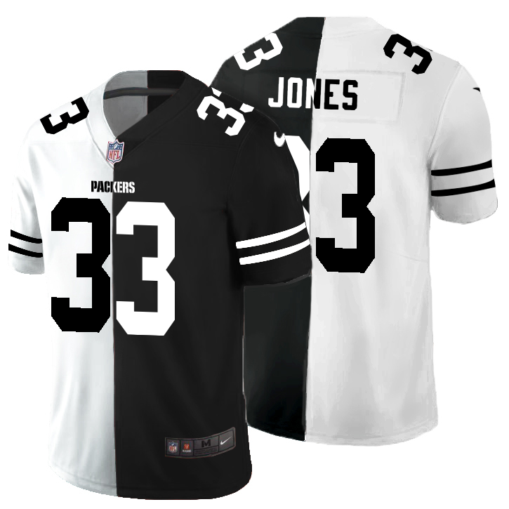 Green Bay Packers #33 Aaron Jones Men's Black V White Peace Split Vapor Untouchable Limited Jersey