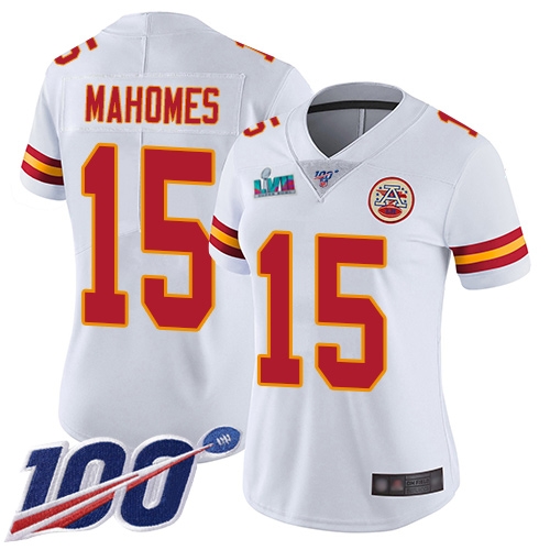 Chiefs #15 Patrick Mahomes White Super Bowl LVII Patch Women's Stitched 100th Season Vapor Limited Jersey