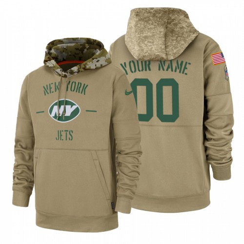 New York Jets Custom Tan 2019 Salute To Service Name & Number Sideline Therma Pullover Hoodie