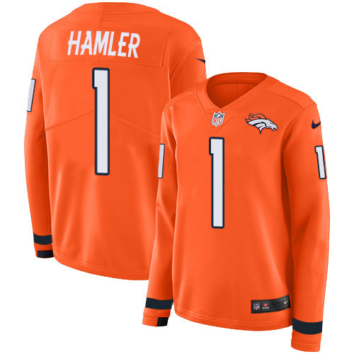Broncos #1 KJ Hamler Orange Team Color Women's Stitched Limited Therma Long Sleeve Jersey