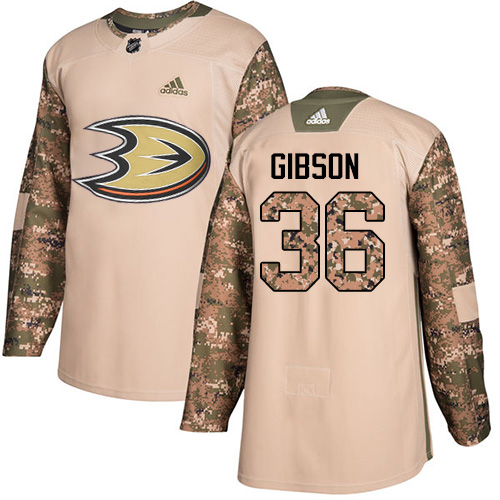 Adidas Anaheim Ducks #36 John Gibson Camo Authentic 2017 Veterans Day Stitched Jersey Men's