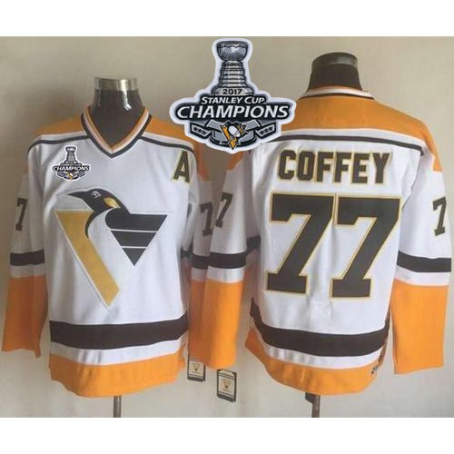 Pittsburgh Penguins #77 Paul Coffey White/Yellow CCM Throwback 2017 Stanley Cup Finals Champions Stitched Jersey Men's
