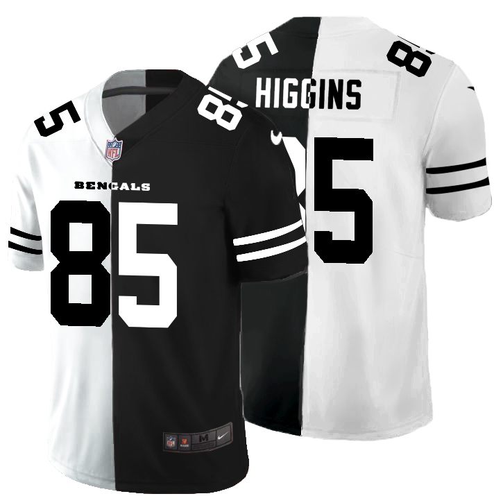 Cincinnati Bengals #85 Tee Higgins Men's Black V White Peace Split Vapor Untouchable Limited Jersey