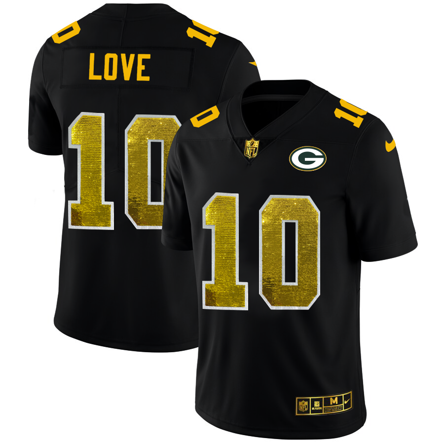 Green Bay Packers #10 Jordan Love Men's Black Golden Sequin Vapor Limited Jersey