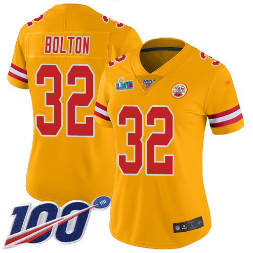 Chiefs #32 Nick Bolton Gold Super Bowl LVII Patch Women's Stitched Limited Inverted Legend 100th Season Jersey