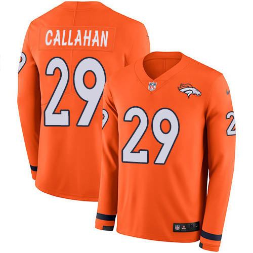 Men's Denver Broncos #29 Bryce Callahan Orange Team Color Men's Stitched Limited Therma Long Sleeve Jersey Men's