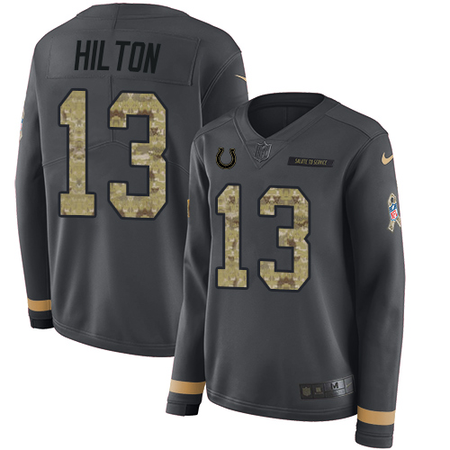 Colts #13 T.Y. Hilton Anthracite Salute To Service Women's Stitched Limited Therma Long Sleeve Jersey
