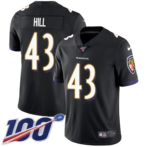 Baltimore Ravens #43 Justice Hill Black Alternate Men's Stitched 100th Season Vapor Untouchable Limited Jersey Men's