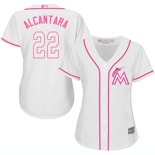 Miami Marlins #22 Sandy Alcantara White/Pink Fashion Women's Stitched Jersey Womens